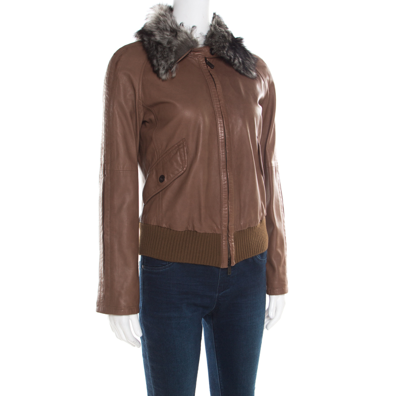 

Emporio Armani Brown Leather Fur Collar Detail Zip Front Jacket