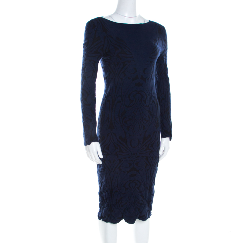 

Emporio Armani Navy Blue Paisley Jacquard Patterned Scalloped Sheath Dress