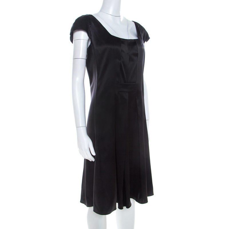 

Emporio Armani Black Silk Satin Scoop Neck Pleated Shift Dress