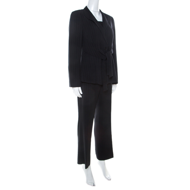 

Emporio Armani Black Pinstripe Wool Padded Shoulder Tie Front Detail Tailored Suit