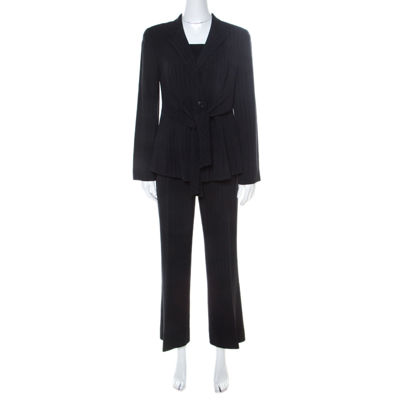 Pre Owned Emporio Armani Black Pinstripe Wool Padded Shoulder Tie Front Detail Tailored Suit M 