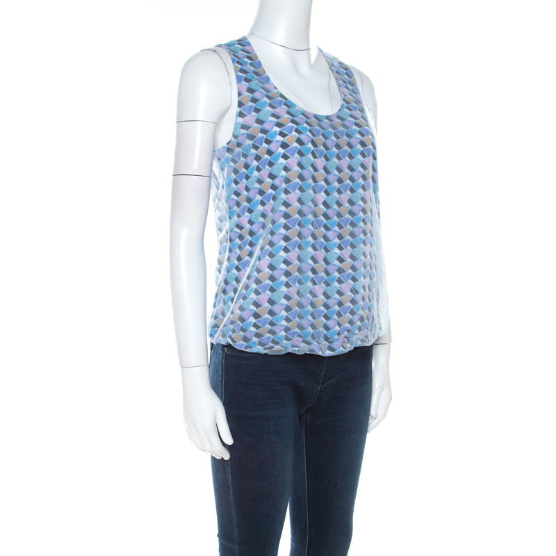 

Emporio Armani Blue Mesh Overlay Geometric Print Sleeveless Bubble Top