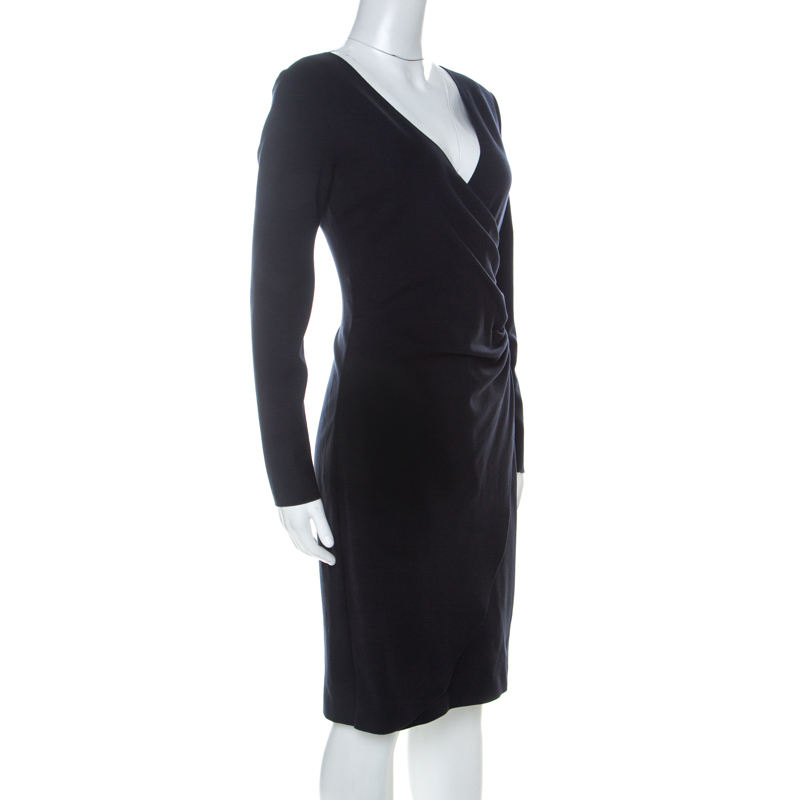 

Emporio Armani Navy Blue Knit Ruched Faux Wrap Dress