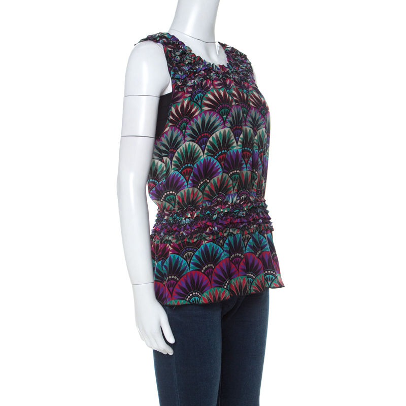 

Emporio Armani Multicolor Floral Print Silk Elasticized Ruffle Detail Sleeveless Top