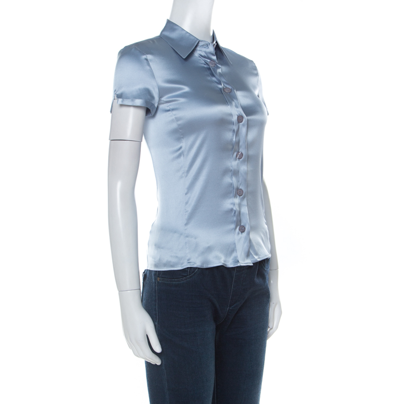

Emporio Armani Light Blue Stretch Satin Short Sleeve Button Front Shirt