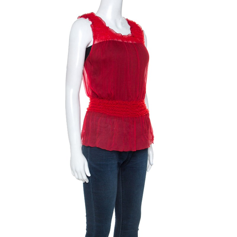 

Emporio Armani Red Chiffon Elasticized Ruffle Sheer Sleeveless Top