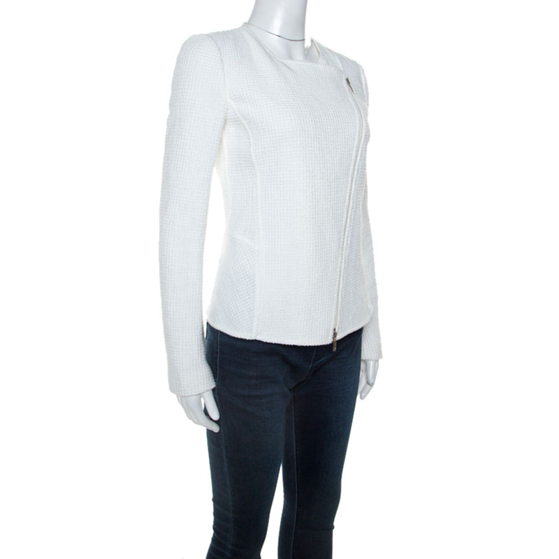 

Emporio Armani White Waffle Knit Asymmetric Zip Front Blazer