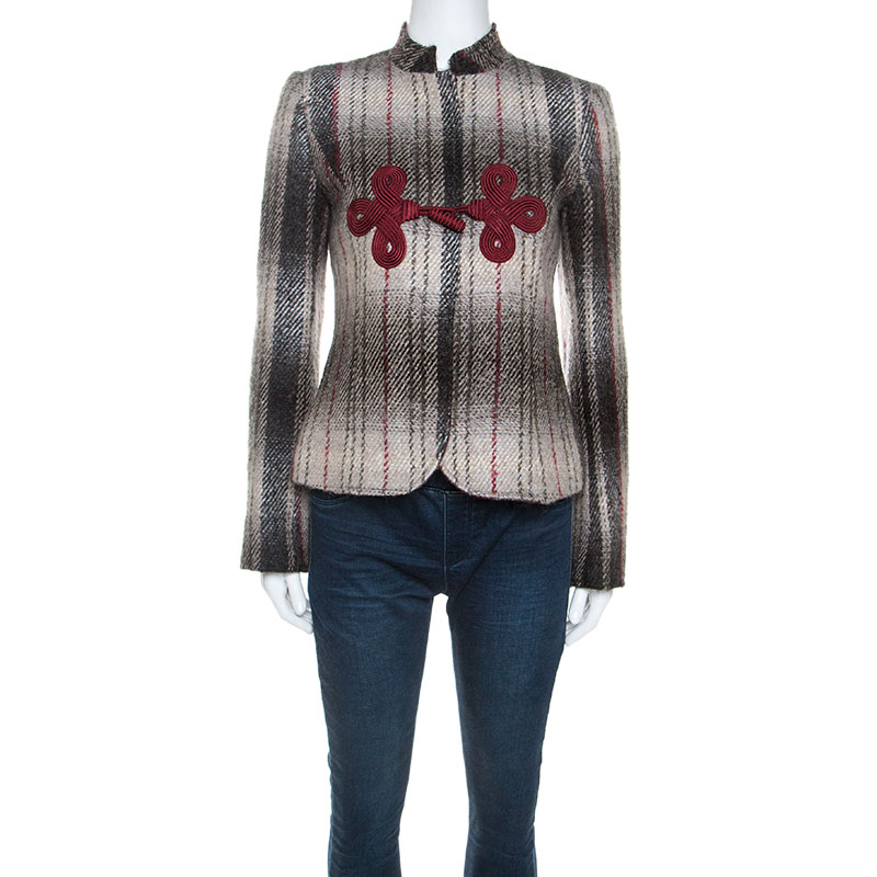 Pre Owned Emporio Armani Beige & Maroon Plaid Mohair Mandarin Buttoned Jacket S