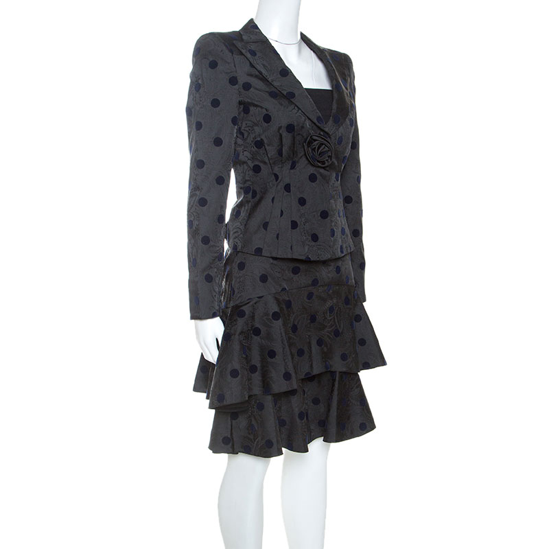 

Emporio Armani Black Floral Jacquard Velvet Polka Dot Jacket Skirt Set