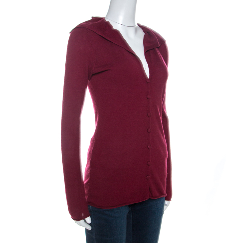 

Emporio Armani Burgundy Cashmere Blend Ruffled Collar Cardigan