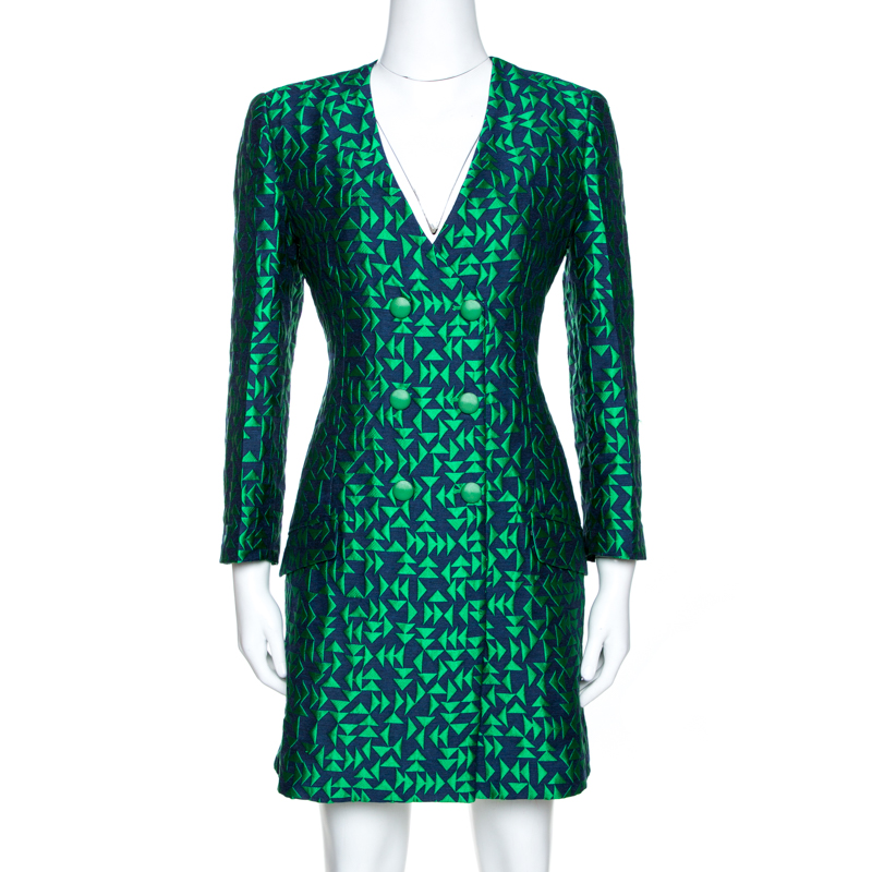 Pre Owned Emporio Armani Bicolor Jacquard Long Sleeve Shift Dress M