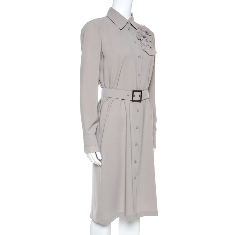 

Emporio Armani Grey Crepe Floral Applique Detail Belted Dress