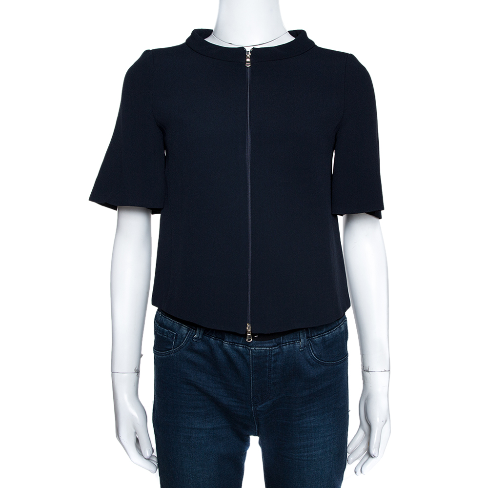 Pre Owned Emporio Armani Navy Blue Crepe Zip Front Jacket XS