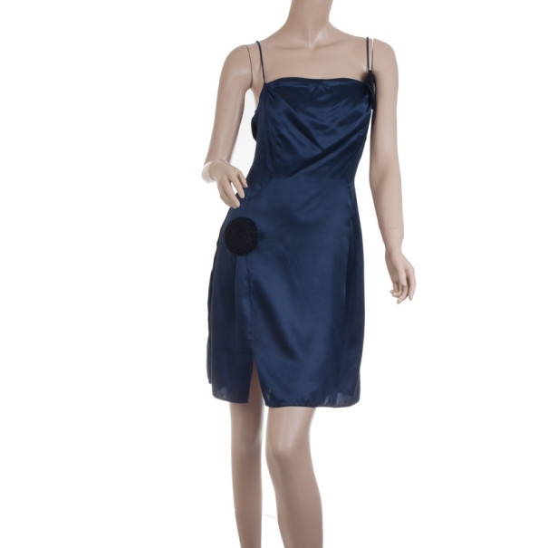 Pre Owned Emporio Armani Navy Silk Dress with Black Floral Embellishment