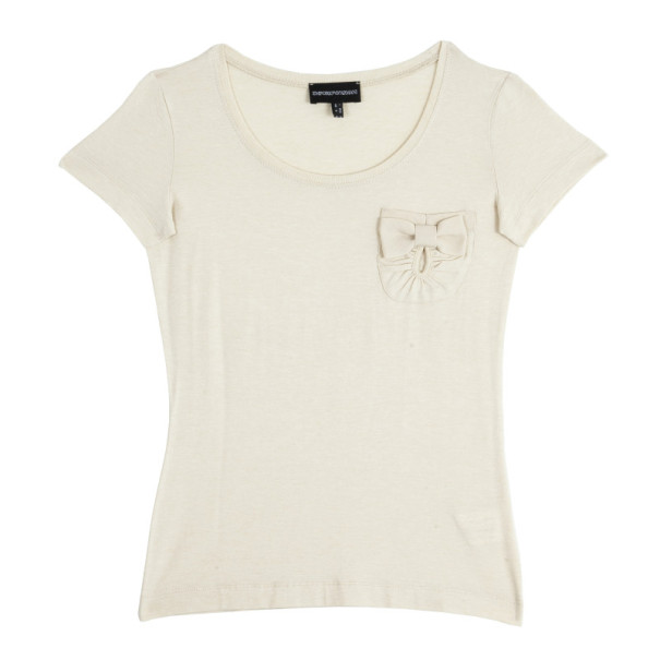 Pre Owned Emporio Armani Beige Pocket T-Shirt with Bow