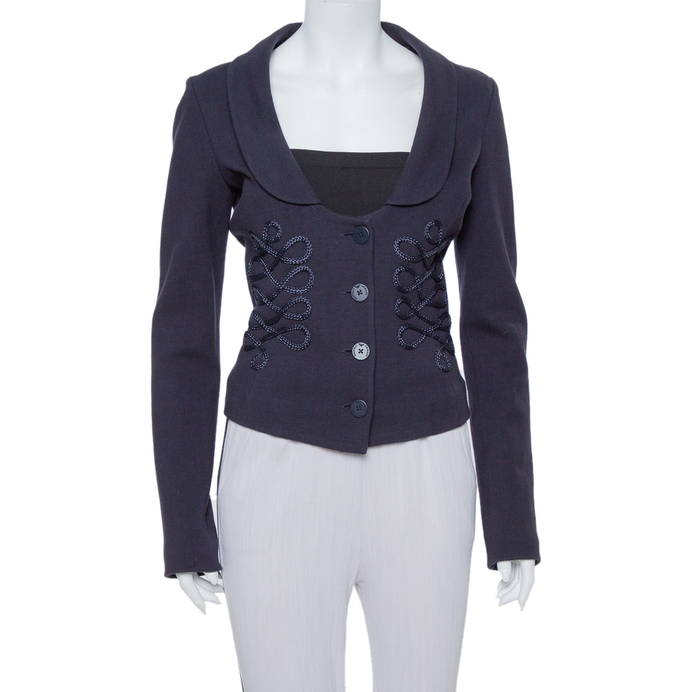 

Emporio Armani Navy Blue Cotton Knit Trim Detail Collared Jacket