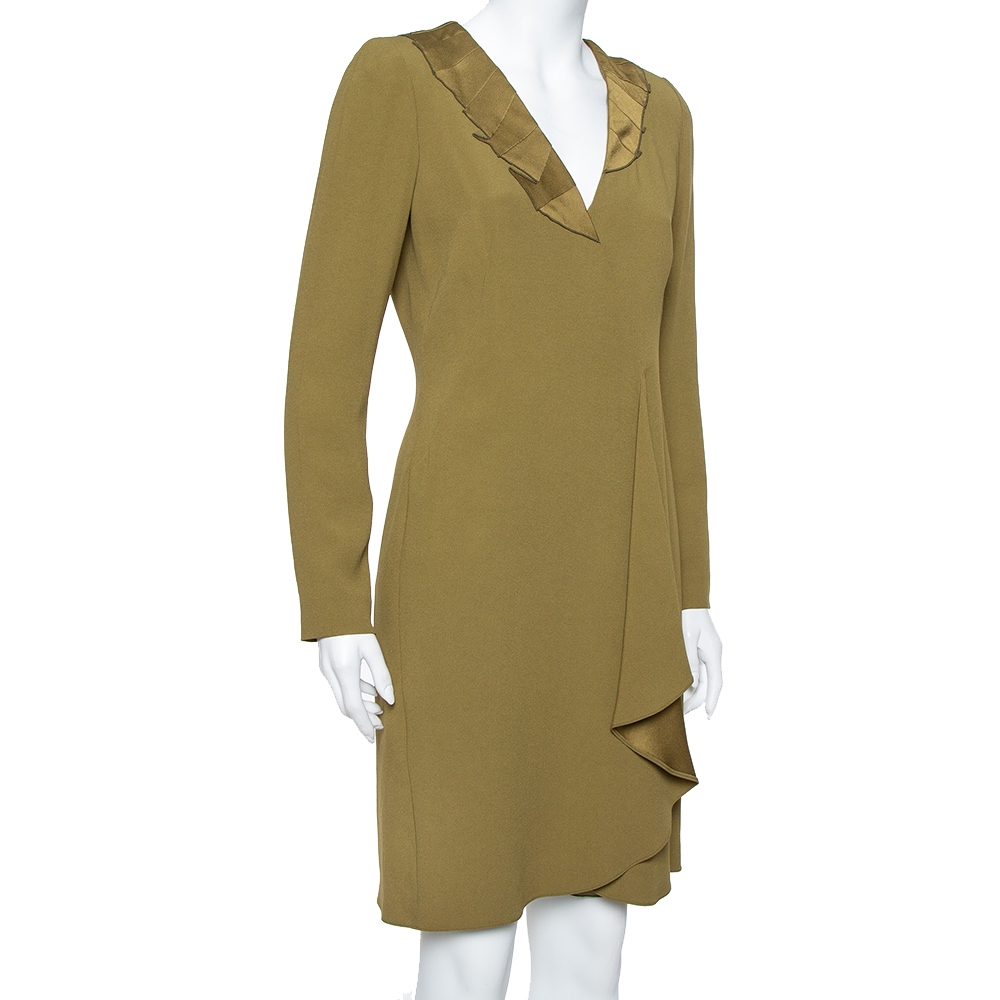 

Emporio Armani Olive Green Crepe Asymmetric Ruffled Midi Dress