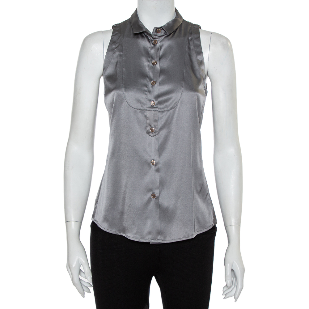 Pre-owned Emporio Armani Grey Silk Satin Button Front Paneled Sleeveless Shirt M