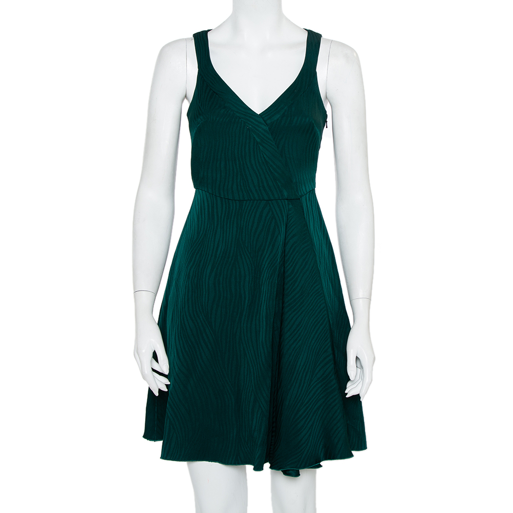 Pre-owned Emporio Armani Green Satin Sleeveless Faux Wrap Flared Mini Dress Xs