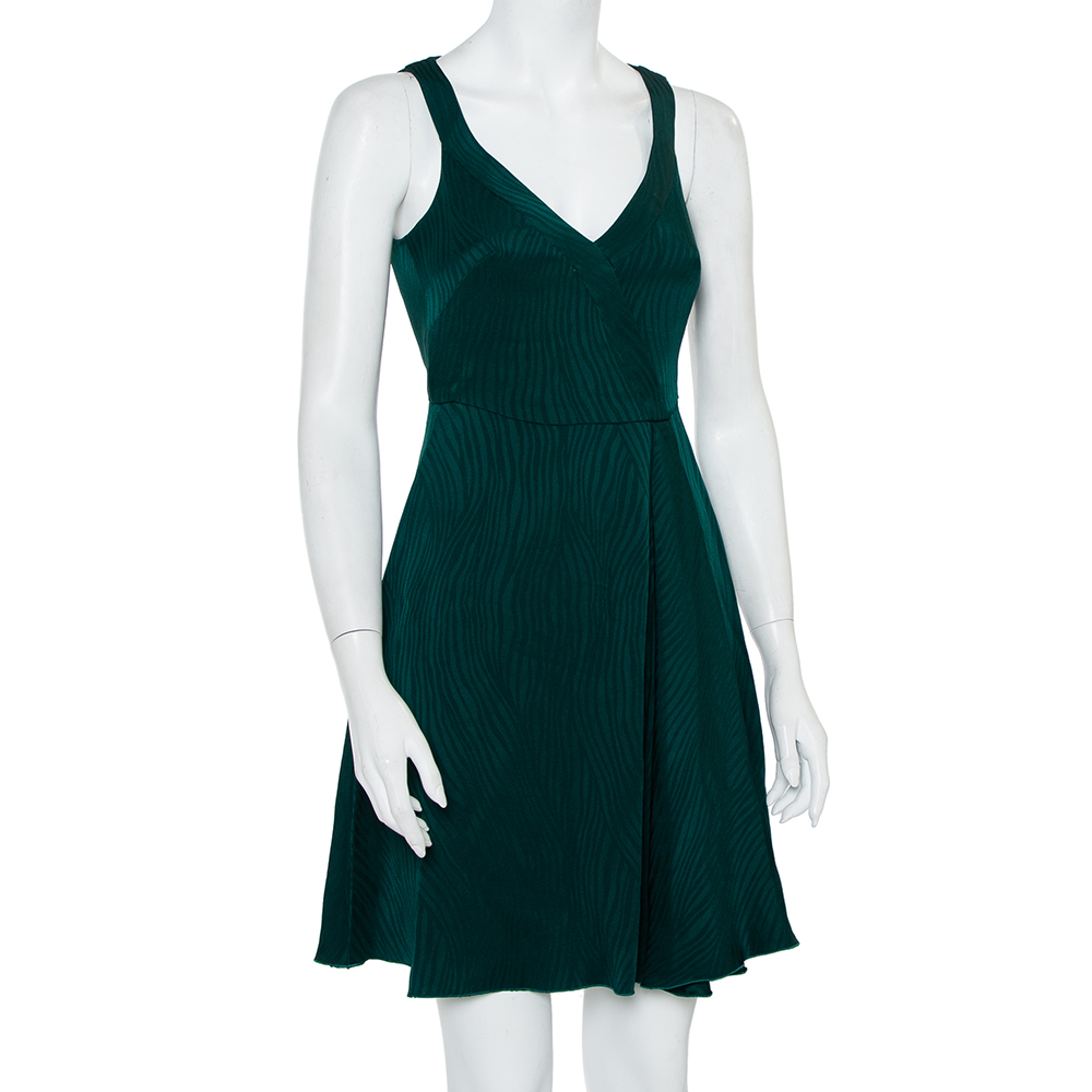 

Emporio Armani Green Satin Sleeveless Faux Wrap Flared Mini Dress