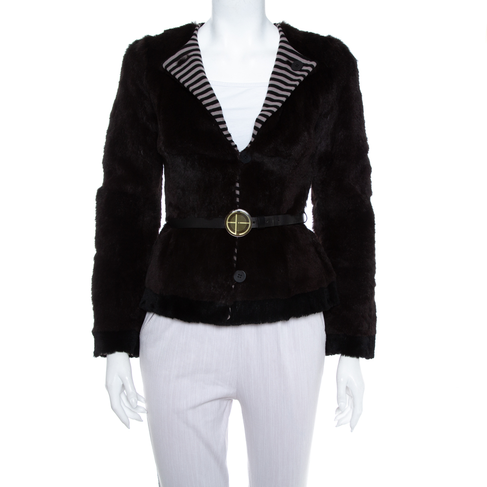 Pre-owned Emporio Armani Brown Fur Belted Button Front Blazer S