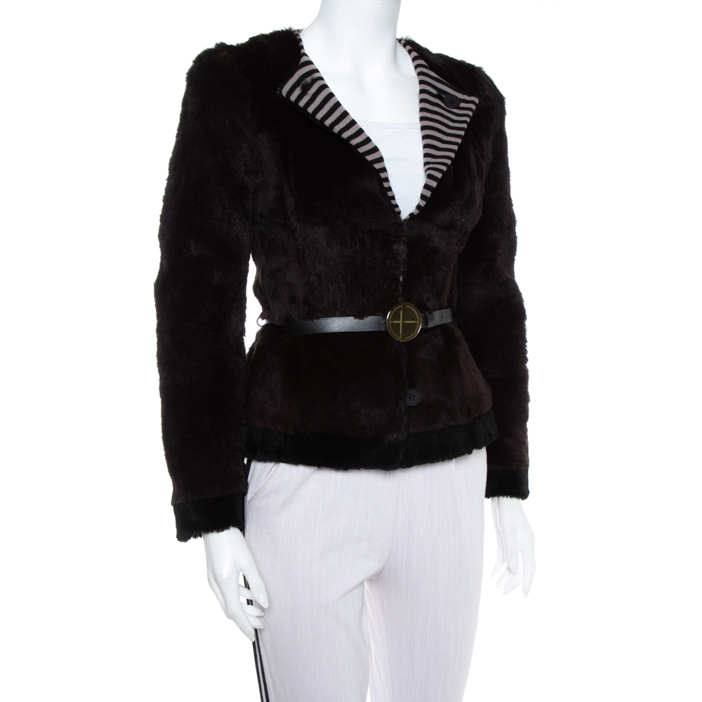 

Emporio Armani Brown Fur Belted Button Front Blazer