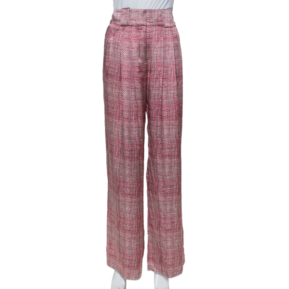 Pre-owned Emporio Armani Pink & Grey Printed Silk Palazzo Trousers M