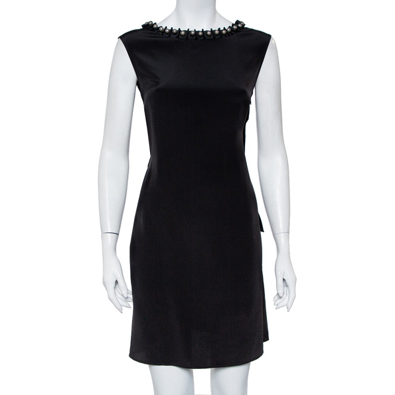 Pre-owned Emporio Armani Black Silk Embellished Neck Detail Shift Dress M
