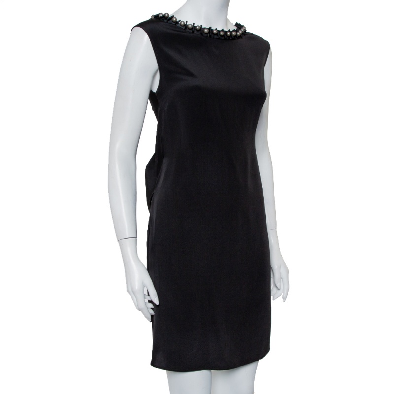 

Emporio Armani Black Silk Embellished Neck Detail Shift Dress