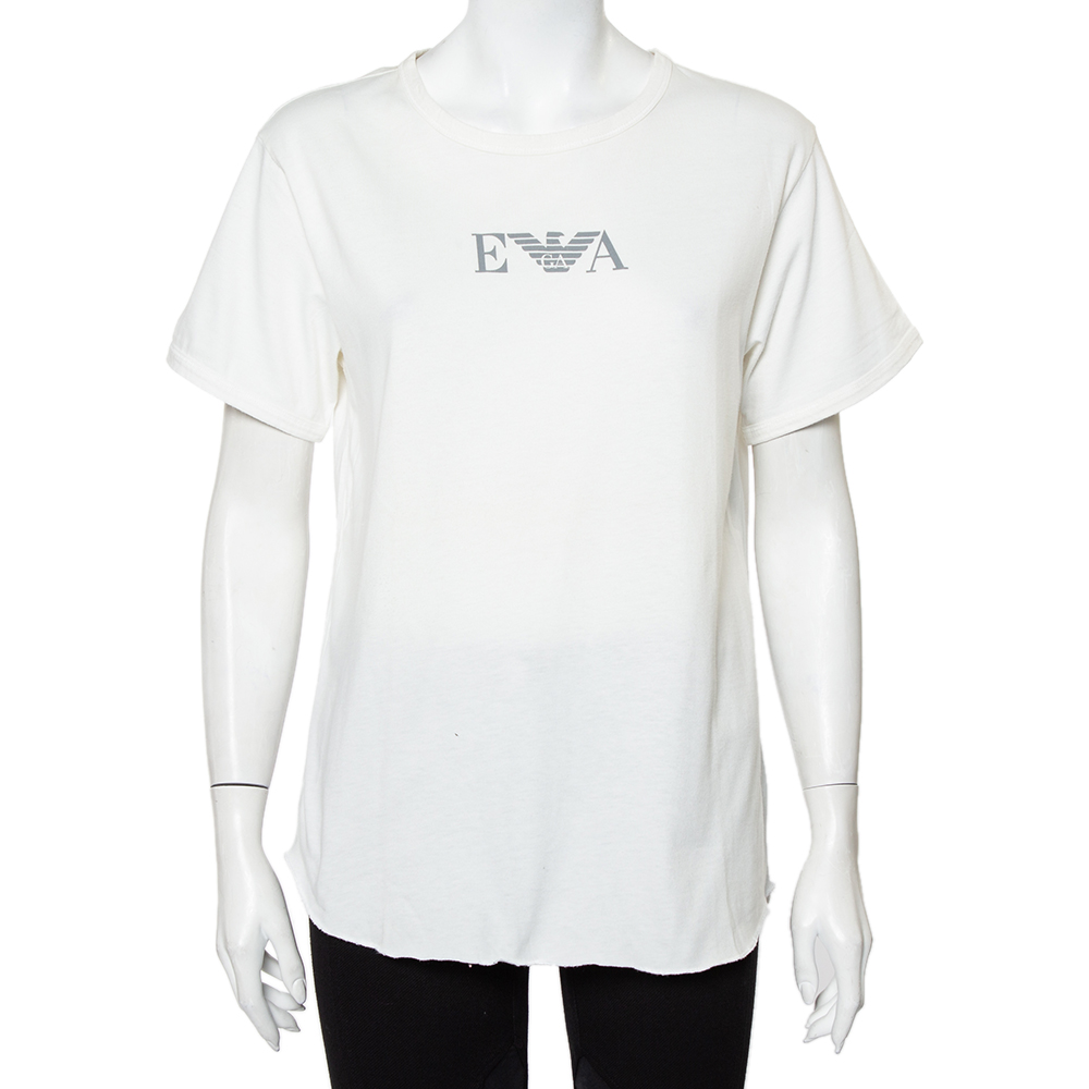 Pre-owned Emporio Armani White Cotton Logo Printed Crewneck T-shirt L