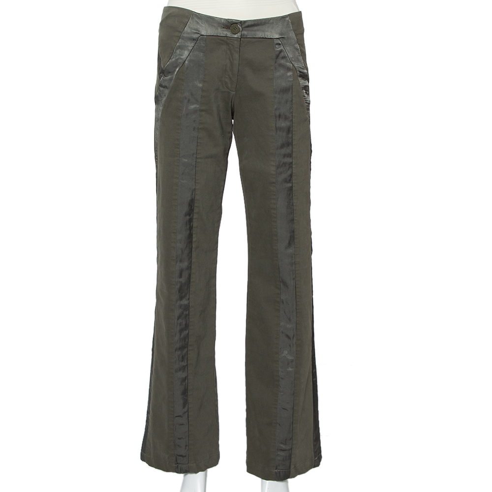 Pre-owned Emporio Armani Military Green Cotton Satin Trim Detail Trousers S