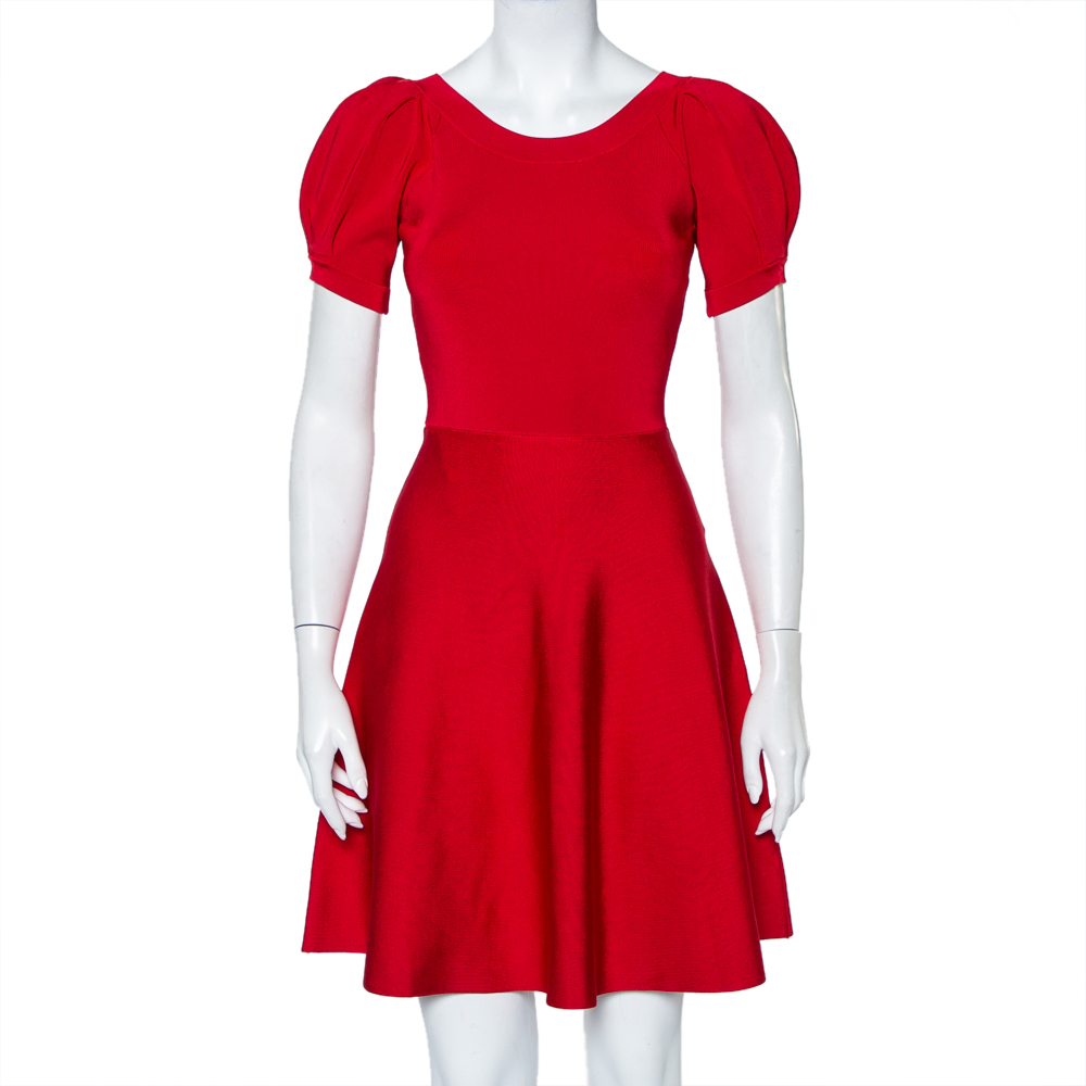 Pre Owned Emporio Armani Red Knit Puff Sleeve Mini Dress S