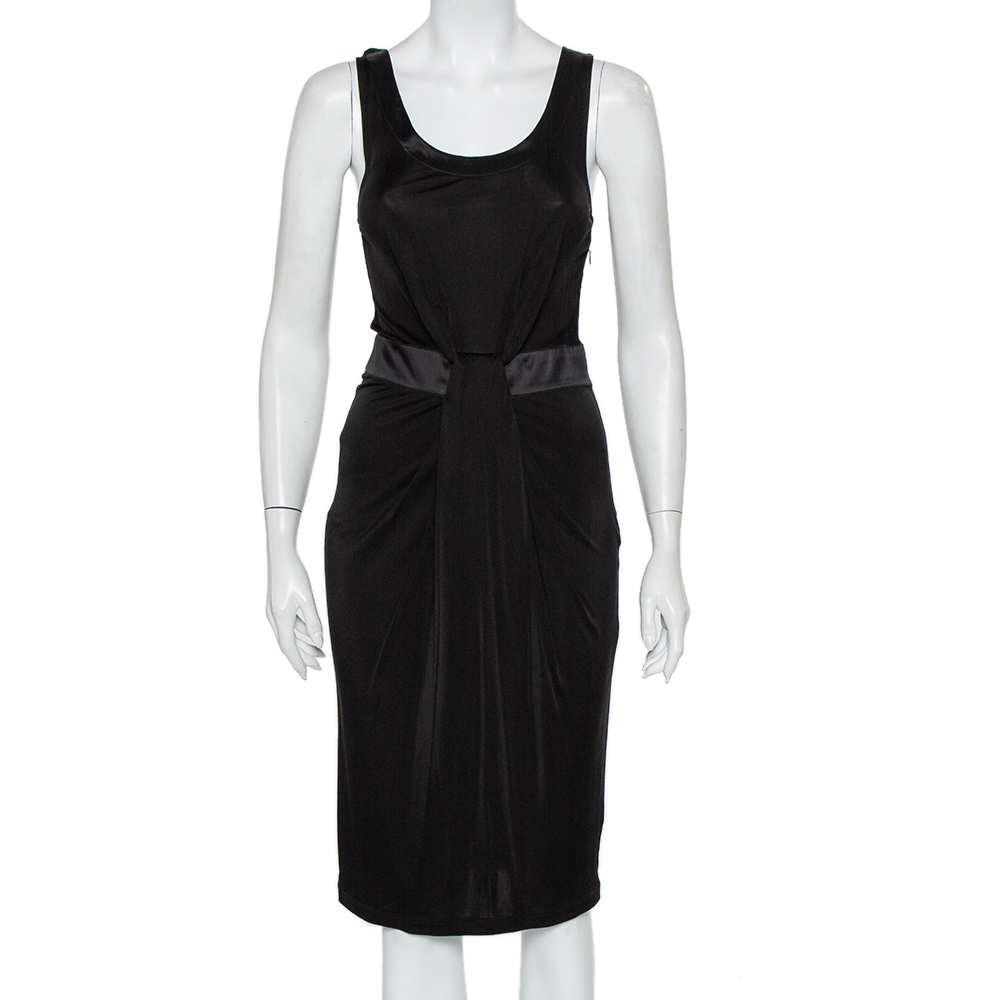 Pre-owned Emporio Armani Black Knit Contrast Trim Draped Detail Sleeveless Midi Dress S
