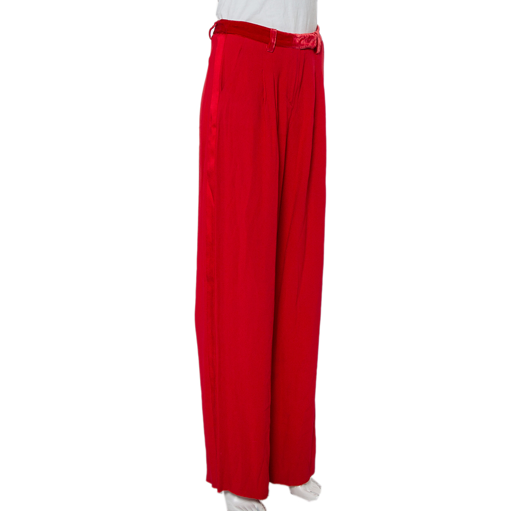 

Emporio Armani Red Crepe & Velvet Trim Wide Leg Pants