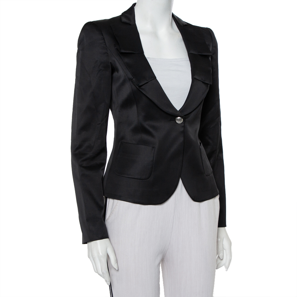 

Emporio Armani Black Sateen Pleated Collar Detail Button Front Blazer