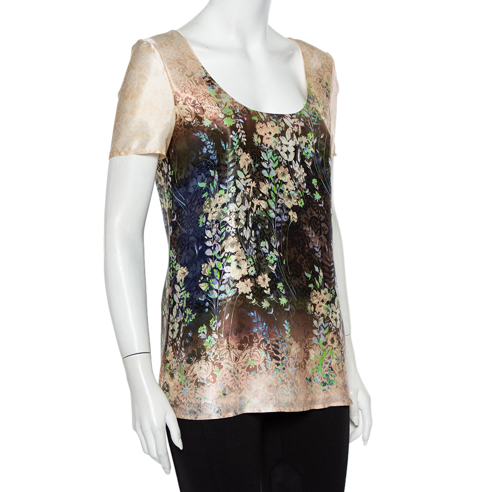 

Emporio Armani Multicolor Printed Silk Scoop Neck Top, Beige