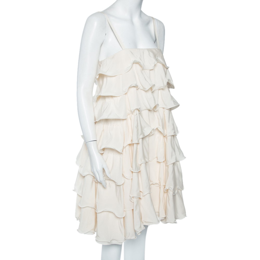 

Emporio Armani Cream Silk Ruffled Tiered Sleeveless Mini Dress