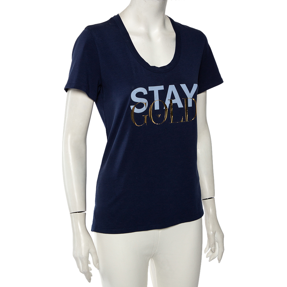 

Emporio Armani Navy Blue Cotton Gold Foil Print T-shirt