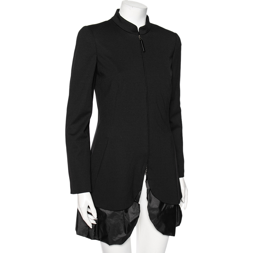 

Emporio Armani Black Jersey & Synthetic Ruffled Hem Detail Coat