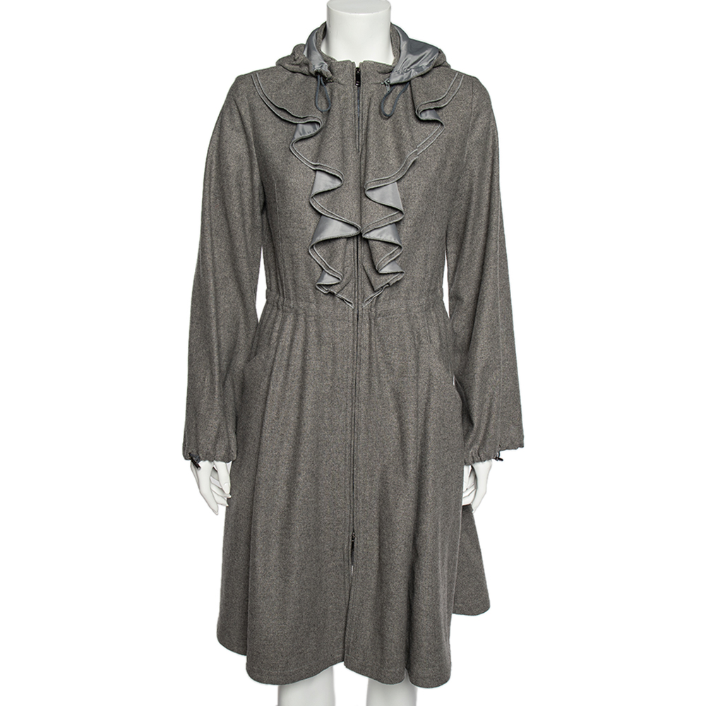 

Emporio Armani Grey Wool And Cashmere Ruffled Neck Hooded Coat