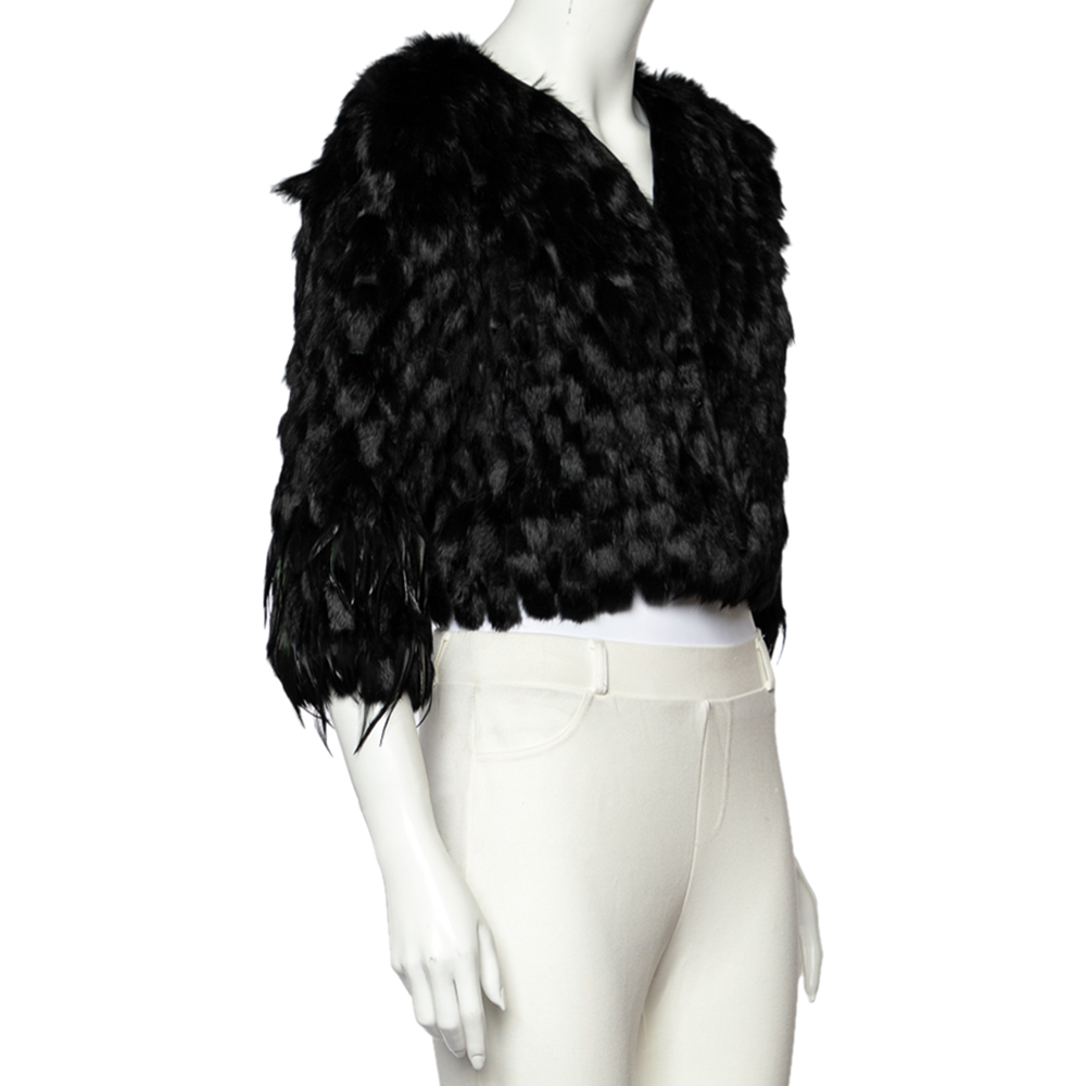 

Emporio Armani Black Fur And Feather Trim Hook Front Shrug