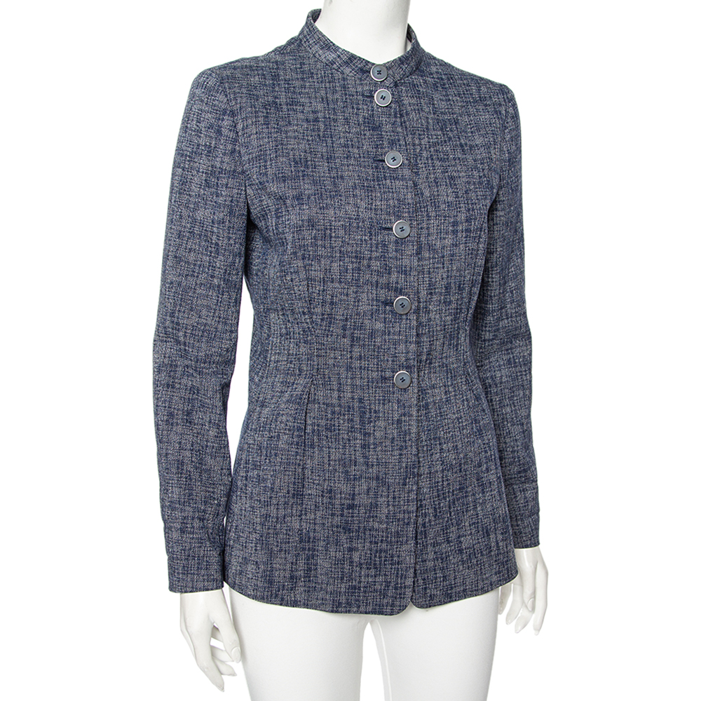 

Emporio Armani Navy Blue Textured Cotton Button Front Jacket