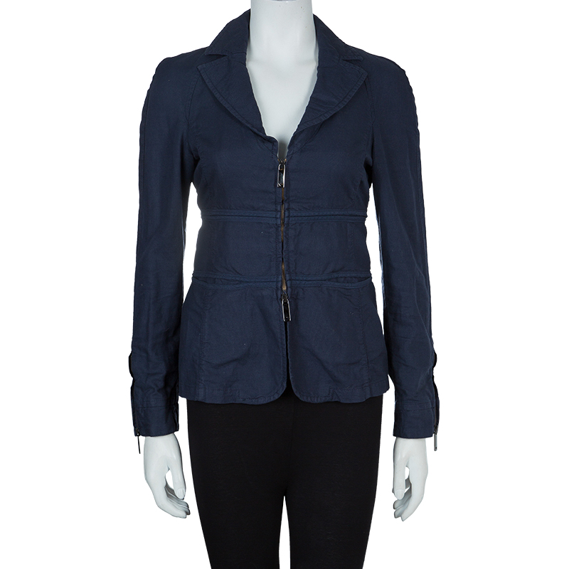 

Emporio Armani Navy Blue Notched Collar Cotton-Linen Jacket