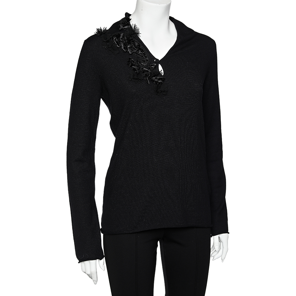 

Emporio Armani Black Knit Floral Applique Sweater Top