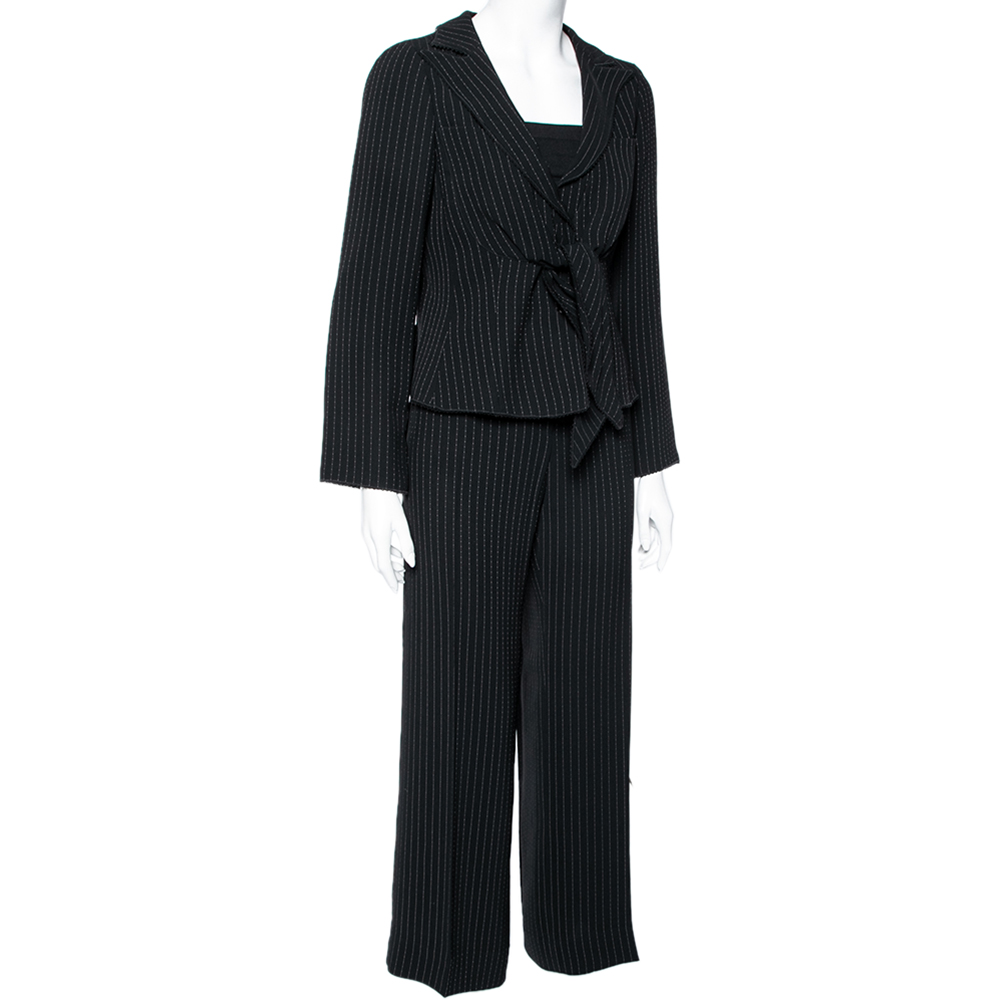 

Emporio Armani Black Pinstriped Crepe Front Tie Detail Single Breasted Suit