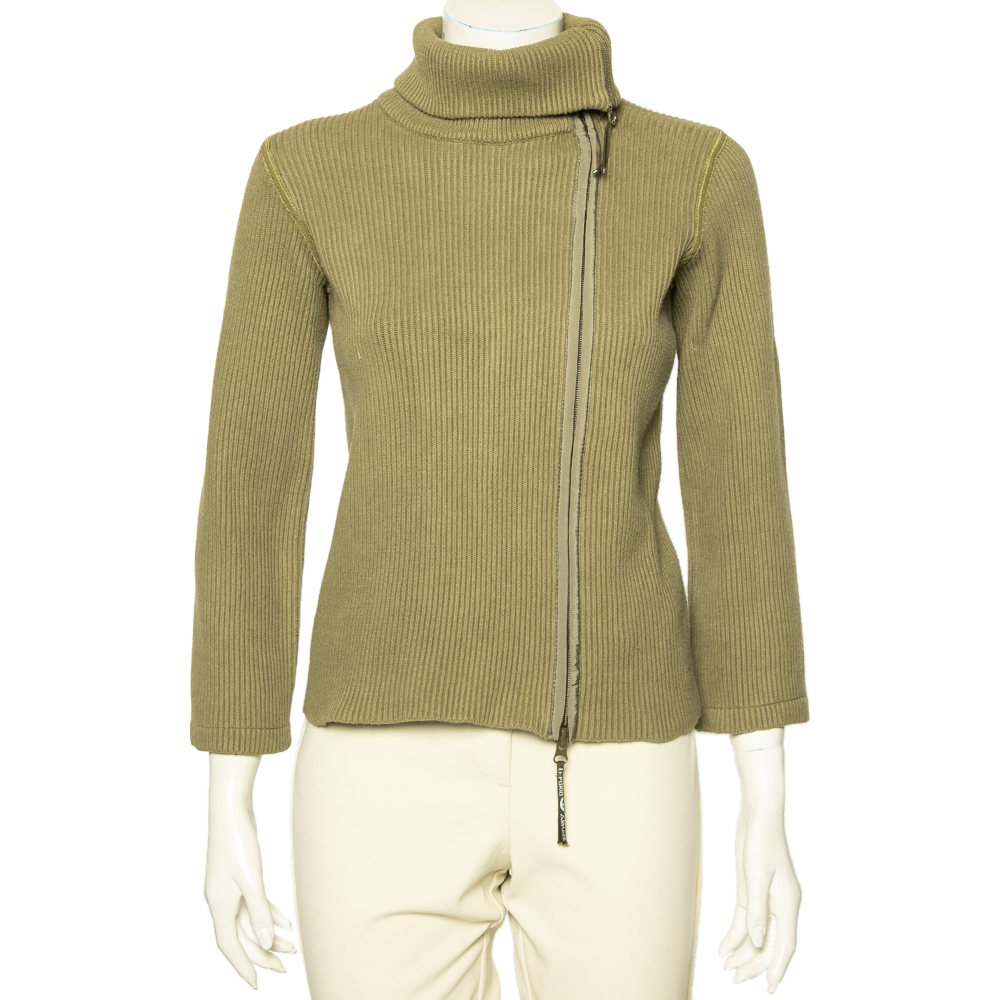 

Emporio Armani Olive Green Rib Knit Zip Front Long Sleeve Jacket