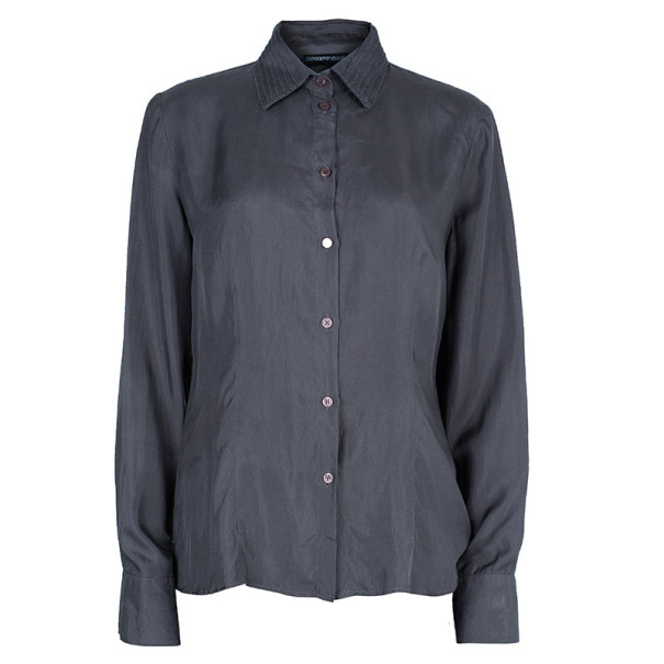 Pre Owned Emporio Armani Grey Silk Collared Shirt M