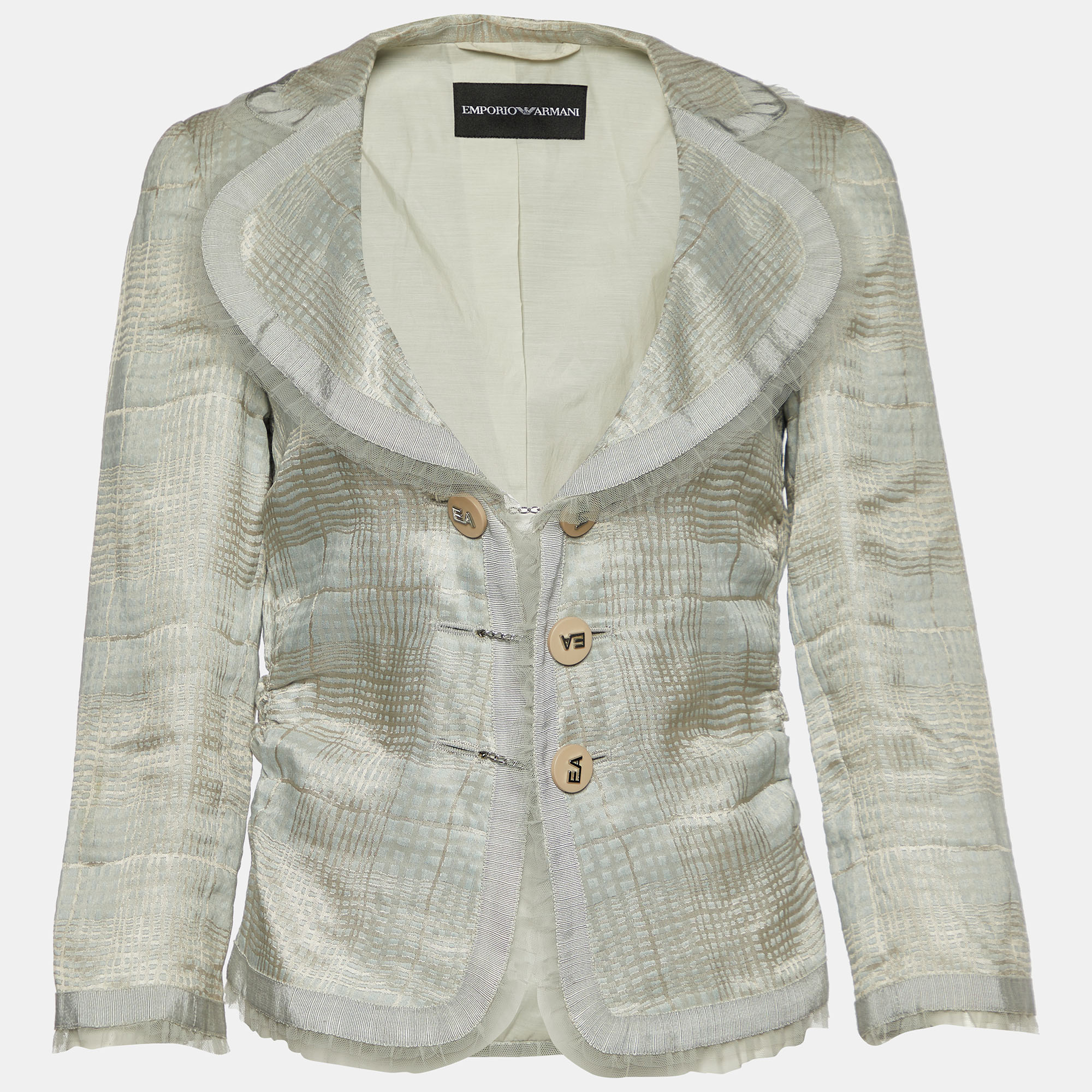 

Emporio Armani Grey Checked Linen Blend Ruffle Detail Jacket