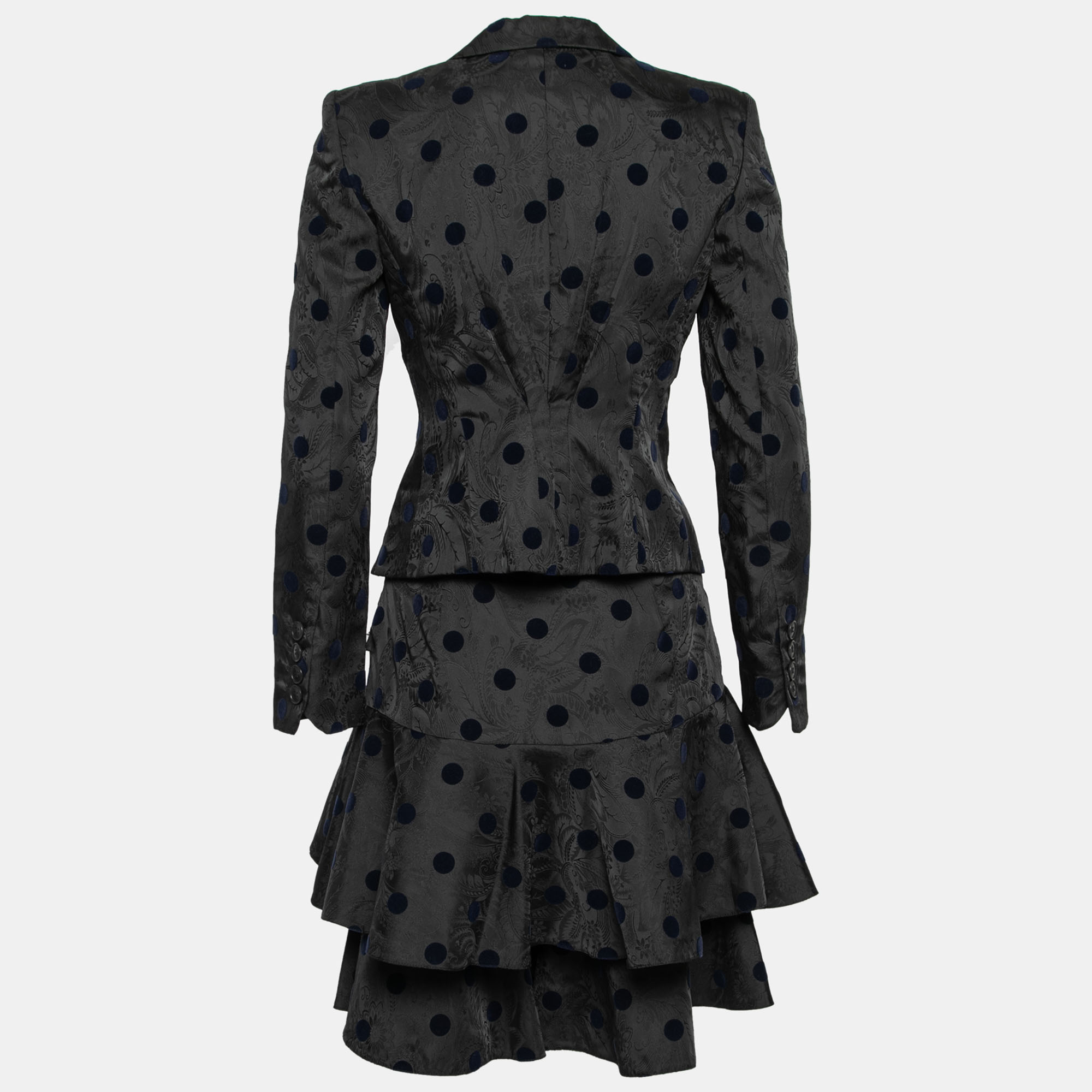 

Emporio Armani Black Floral Jacquard Velvet Polka Dot Jacket & Skirt Set, Grey