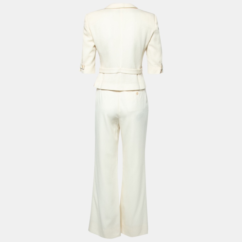 

Emporio Armani Cream Textured Crepe Single Breasted Cropped Blazer & Pant Suit